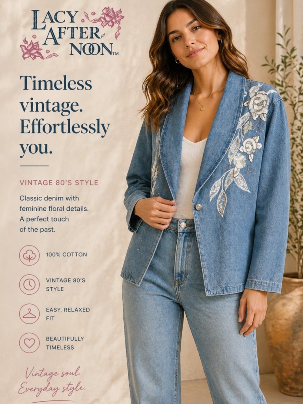 Lacy Afternoon Vintage‎ Floral Embroidered Denim Jacket med 100% COTTON